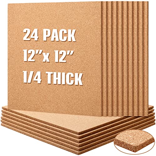 24 Pcs Cork Board Tiles 12"x12" 1/4" Thick Cork Tiles Square Bulletin Boards Cork Sheets with Self Adhesive Backing Brown Corkboards with 120 Self Adhesive for School Office Home Wall DIY Supplies by Crtiin