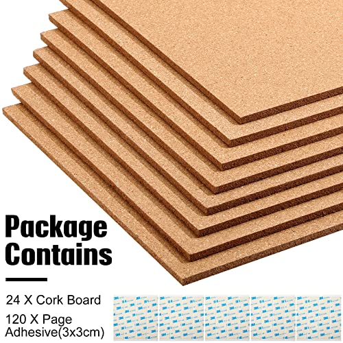 24 Pcs Cork Board Tiles 12"x12" 1/4" Thick Cork Tiles Square Bulletin Boards Cork Sheets with Self Adhesive Backing Brown Corkboards with 120 Self Adhesive for School Office Home Wall DIY Supplies by Crtiin