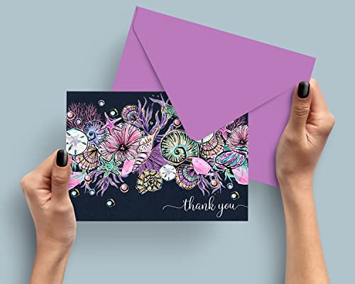 Enchanting Seashell Thank You Cards (20 Pack) Wedding â Bridal Shower â Mermaid Baby Shower - Graduation Party â Sea Flower Style - Everyday Folded Stationery Set with Purple Envelopes from Paper Clever Party