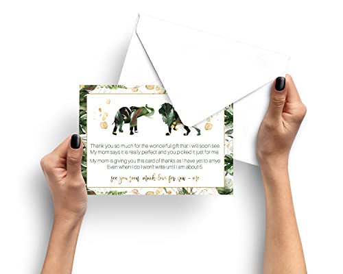 Tropical Jungle Baby Shower Thank You Cards with Envelopes (25 Pack) Message from Baby Thanking Guests for Gifts â Safari Animal Greenery and Gold Designs (4 X 6 Size) Flat Stationery Set Printed Boy or Girl Theme - Paper Clever Party by Paper Clever Part