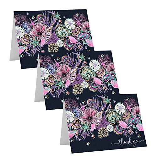 Enchanting Seashell Thank You Cards (20 Pack) Wedding â Bridal Shower â Mermaid Baby Shower - Graduation Party â Sea Flower Style - Everyday Folded Stationery Set with Purple Envelopes from Paper Clever Party