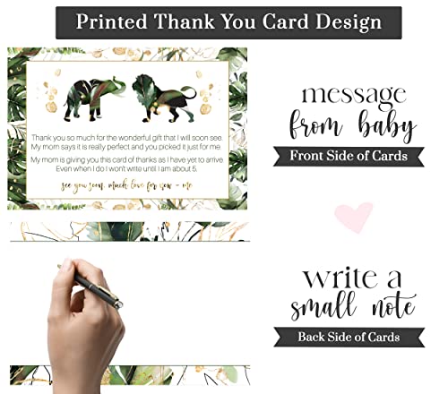 Tropical Jungle Baby Shower Thank You Cards with Envelopes (25 Pack) Message from Baby Thanking Guests for Gifts â Safari Animal Greenery and Gold Designs (4 X 6 Size) Flat Stationery Set Printed Boy or Girl Theme - Paper Clever Party by Paper Clever Part