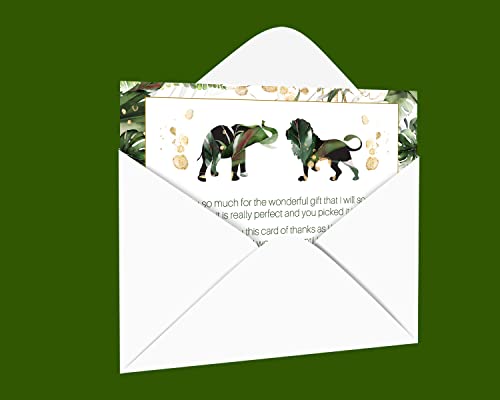 Tropical Jungle Baby Shower Thank You Cards with Envelopes (25 Pack) Message from Baby Thanking Guests for Gifts â Safari Animal Greenery and Gold Designs (4 X 6 Size) Flat Stationery Set Printed Boy or Girl Theme - Paper Clever Party by Paper Clever Part