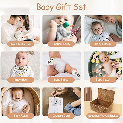 UAREHIBY Baby Shower Gifts, Neutral Baby Gift Baskets Woven Gift Box Muslin Swaddle Blankets Babies Lovey Toy Rattle Socks Bibs Onesies Infant Gift Essentials, Newborn Baby Gifts for Girls Boys by UAREHIBY