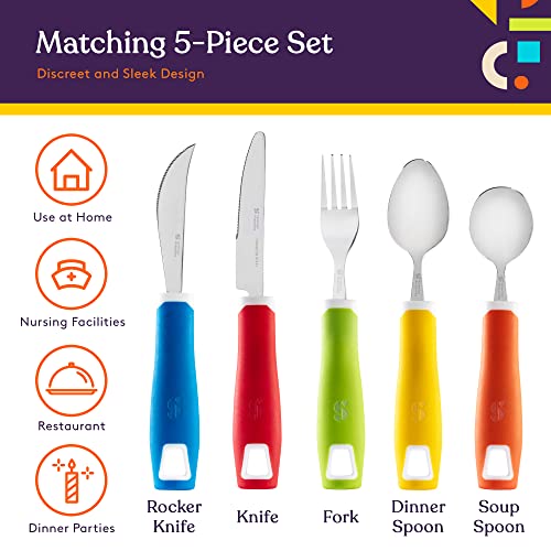 Special Supplies Adaptive Utensils 5-Piece Set Non-Weighted, Non-Slip Handles for Hand Tremors, Arthritis, Parkinsonâs, Elderly Use -Stainless Steel Knife, Rocker Knife, Fork, Spoons -Colored by Special Supplies