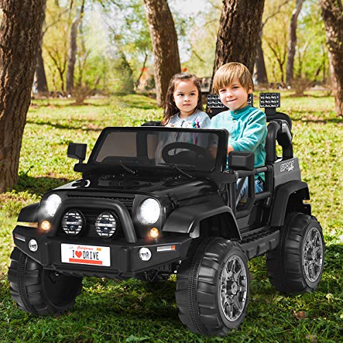 Costzon 2-Seater Ride on Truck, 12V Battery Powered Electric Vehicle Toy w/ 2.4G Remote Control, 3 Speed, LED Lights, MP3 Horn, Music, 2 Doors Open, Spring Suspension, Ride on Car for Kids (Black) by Costzon