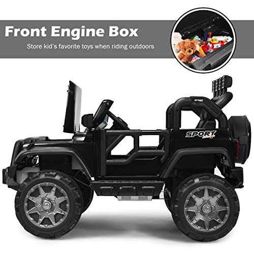 Costzon 2-Seater Ride on Truck, 12V Battery Powered Electric Vehicle Toy w/ 2.4G Remote Control, 3 Speed, LED Lights, MP3 Horn, Music, 2 Doors Open, Spring Suspension, Ride on Car for Kids (Black) by Costzon