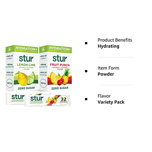 Stur Electrolyte Hydration Powder, High Antioxidants, B Vitamins, Sugar Free, Non-GMO | for Daily Hydration, Workout Recovery, Wellness & More | Naturally Delicious (Variety, 32 Packets) from Dyla LLC