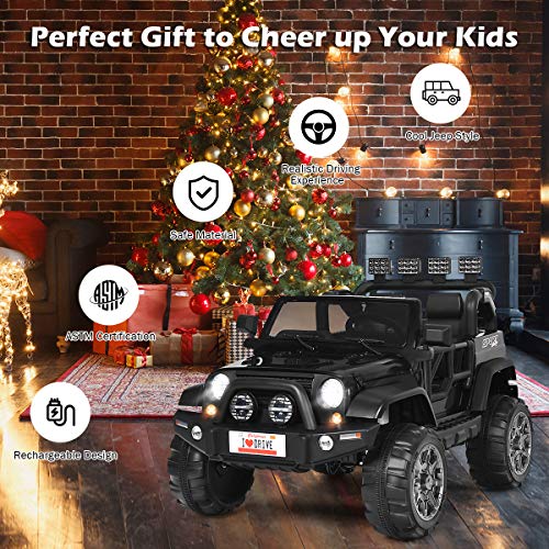 Costzon 2-Seater Ride on Truck, 12V Battery Powered Electric Vehicle Toy w/ 2.4G Remote Control, 3 Speed, LED Lights, MP3 Horn, Music, 2 Doors Open, Spring Suspension, Ride on Car for Kids (Black) by Costzon