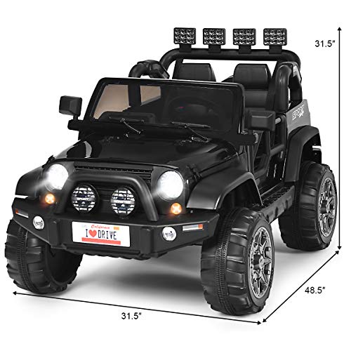 Costzon 2-Seater Ride on Truck, 12V Battery Powered Electric Vehicle Toy w/ 2.4G Remote Control, 3 Speed, LED Lights, MP3 Horn, Music, 2 Doors Open, Spring Suspension, Ride on Car for Kids (Black) by Costzon