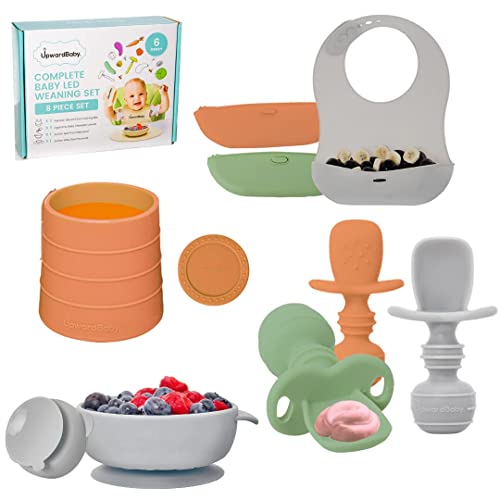 Baby Led Weaning Feeding Supplies for Toddlers - UpwardBaby Baby Feeding Set - Suction Silicone Baby Bowl - Self Eating Utensils Set with Spoons, Bibs, Cups - Dishwasher-Safe Infant Food Plate Kit from UpwardBaby
