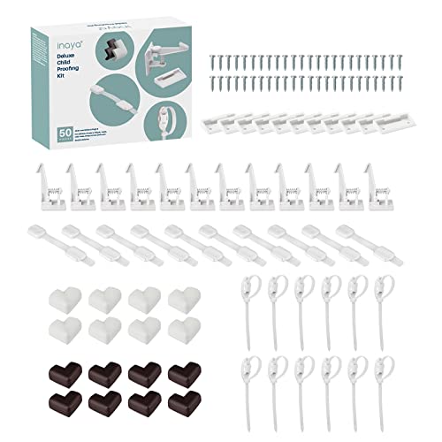Inaya Complete 50pc Deluxe Baby Proofing Kit - Flexible Hidden Baby Locks for Cabinets and Drawers, Adjustable Child Safety Latches, Corner Guards & Furniture Anchors by Inaya