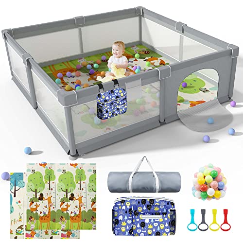 Baby Playpen 79" X 71" , LUTIKIANG Play Yard for Babies and Toddlers with Mat, Safety Extra Large Baby Fence Area, Indoor & Outdoor Kids Activity Play Center with Anti-Slip Suckers and Zipper Gate. by LUTIKIANG
