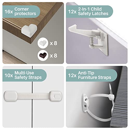 Inaya Complete 50pc Deluxe Baby Proofing Kit - Flexible Hidden Baby Locks for Cabinets and Drawers, Adjustable Child Safety Latches, Corner Guards & Furniture Anchors by Inaya