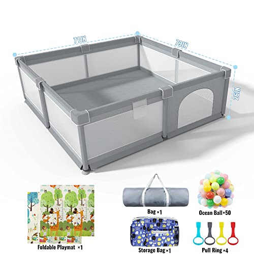 Baby Playpen 79" X 71" , LUTIKIANG Play Yard for Babies and Toddlers with Mat, Safety Extra Large Baby Fence Area, Indoor & Outdoor Kids Activity Play Center with Anti-Slip Suckers and Zipper Gate. by LUTIKIANG