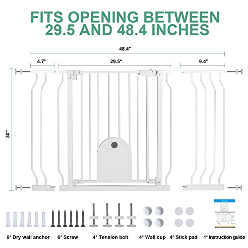 Baby Gate with Cat Door 30" Height, 29.5"-48.4" Auto-Close Safety Metal Pet Gate for Doorway, Stairs, House, Walk Through Child Gate with Pet Door, Includes 4 Wall Cups and 2 Extension Pieces by HUNTEA