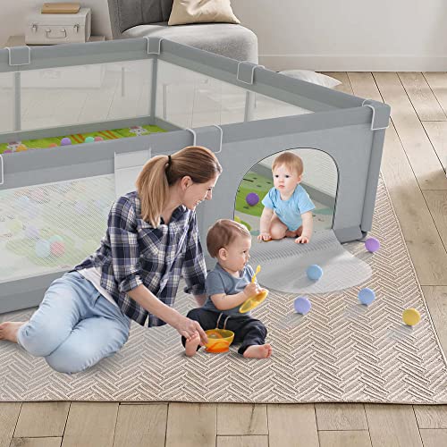 Baby Playpen 79" X 71" , LUTIKIANG Play Yard for Babies and Toddlers with Mat, Safety Extra Large Baby Fence Area, Indoor & Outdoor Kids Activity Play Center with Anti-Slip Suckers and Zipper Gate. by LUTIKIANG