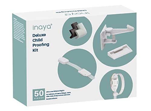 Inaya Complete 50pc Deluxe Baby Proofing Kit - Flexible Hidden Baby Locks for Cabinets and Drawers, Adjustable Child Safety Latches, Corner Guards & Furniture Anchors by Inaya
