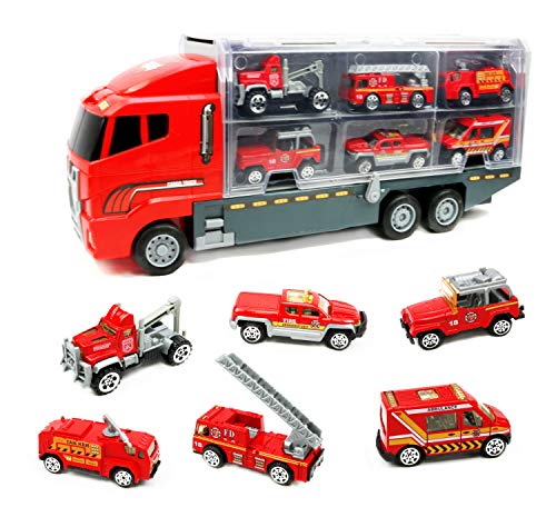 Smart Novelty Die Cast Emergency Trucks Vehicles Toy Cars Play Set in Carrier Truck - 7 in 1 Transport Truck Emergency Car Set for Kids Gifts (Fire Vehicle Set) from Smart Novelty