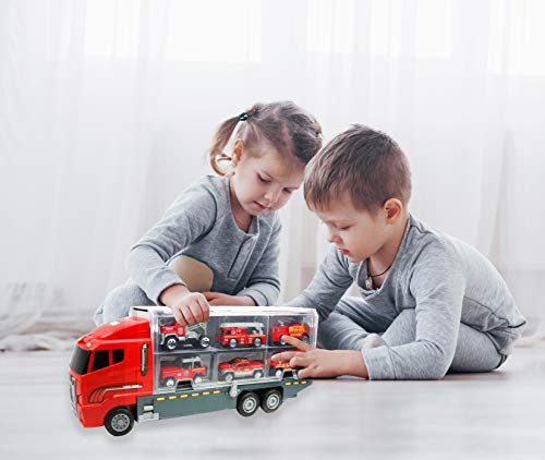 Smart Novelty Die Cast Emergency Trucks Vehicles Toy Cars Play Set in Carrier Truck - 7 in 1 Transport Truck Emergency Car Set for Kids Gifts (Fire Vehicle Set) from Smart Novelty