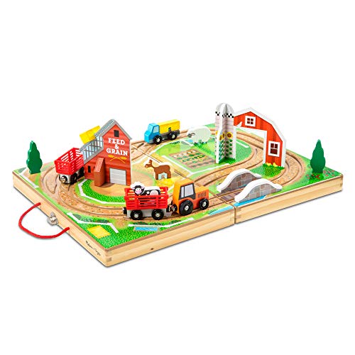 Melissa & Doug 17-Piece Wooden Take-Along Tabletop Farm, 4 Farm Vehicles, Play Pieces, Barn, Grain House by Melissa & Doug