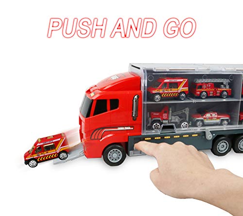Smart Novelty Die Cast Emergency Trucks Vehicles Toy Cars Play Set in Carrier Truck - 7 in 1 Transport Truck Emergency Car Set for Kids Gifts (Fire Vehicle Set) from Smart Novelty