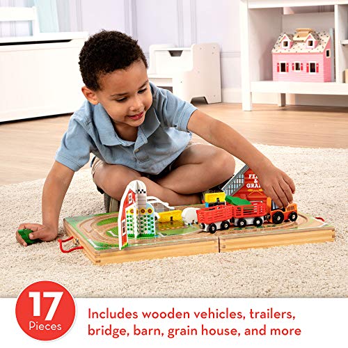 Melissa & Doug 17-Piece Wooden Take-Along Tabletop Farm, 4 Farm Vehicles, Play Pieces, Barn, Grain House by Melissa & Doug