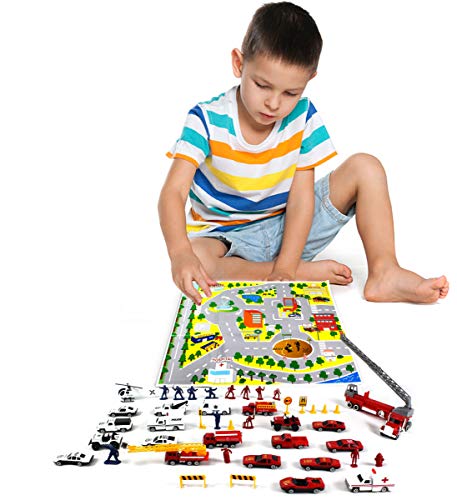 Mozlly Diecast Police and Rescue Emergency Crew Theme Assorted Vehicles Accessories with Play Mat for Boys Kids Children Pre-Kindergarten Toys Games 46 Piece Play Set Ideal Gift Vehicle Playsets from Luckystar