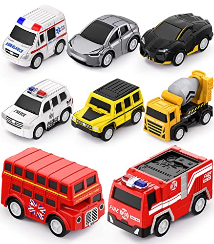 Toddler Toys Cars Die-Cast Vehicles, Kids Pull Back Cars Set, Fire Truck School Bus Ambulance Police Cars for Boys Girls, Halloween Party Favor Gifts by Geyiie