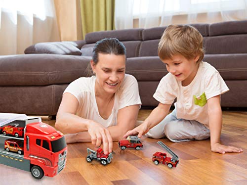 Smart Novelty Die Cast Emergency Trucks Vehicles Toy Cars Play Set in Carrier Truck - 7 in 1 Transport Truck Emergency Car Set for Kids Gifts (Fire Vehicle Set) from Smart Novelty