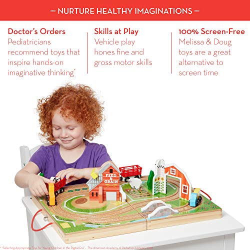 Melissa & Doug 17-Piece Wooden Take-Along Tabletop Farm, 4 Farm Vehicles, Play Pieces, Barn, Grain House by Melissa & Doug
