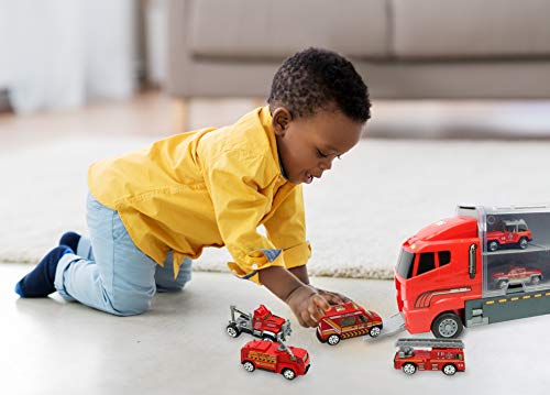 Smart Novelty Die Cast Emergency Trucks Vehicles Toy Cars Play Set in Carrier Truck - 7 in 1 Transport Truck Emergency Car Set for Kids Gifts (Fire Vehicle Set) from Smart Novelty