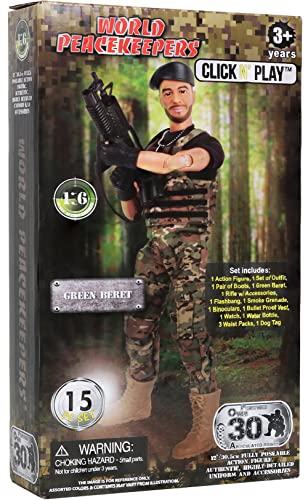 Click N' Play Military Green Beret Elite Swat Unit 12" Action Figure Play Set with Accessories , Brown from Click N' Play