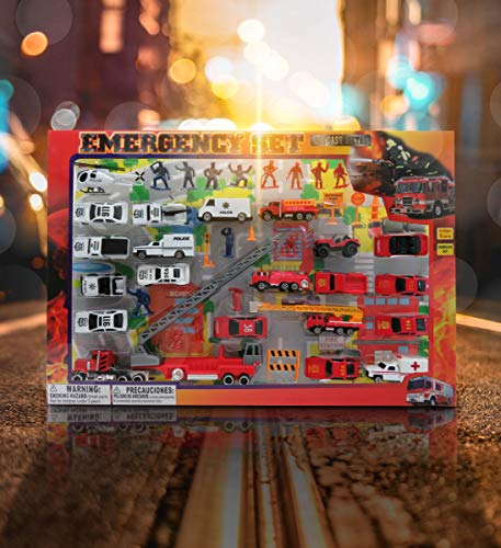 Mozlly Diecast Police and Rescue Emergency Crew Theme Assorted Vehicles Accessories with Play Mat for Boys Kids Children Pre-Kindergarten Toys Games 46 Piece Play Set Ideal Gift Vehicle Playsets from Luckystar