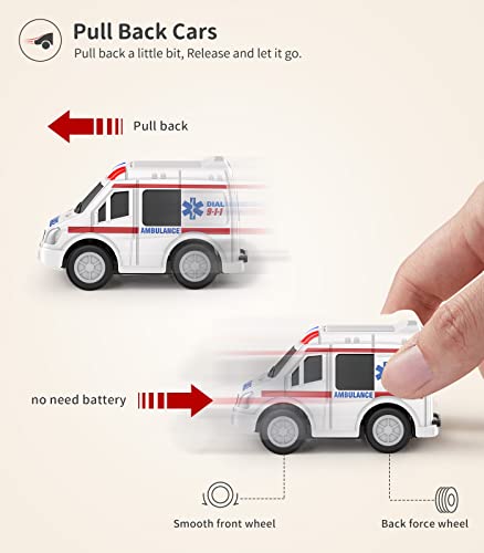 Toddler Toys Cars Die-Cast Vehicles, Kids Pull Back Cars Set, Fire Truck School Bus Ambulance Police Cars for Boys Girls, Halloween Party Favor Gifts by Geyiie