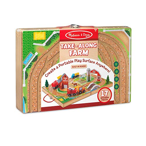 Melissa & Doug 17-Piece Wooden Take-Along Tabletop Farm, 4 Farm Vehicles, Play Pieces, Barn, Grain House by Melissa & Doug