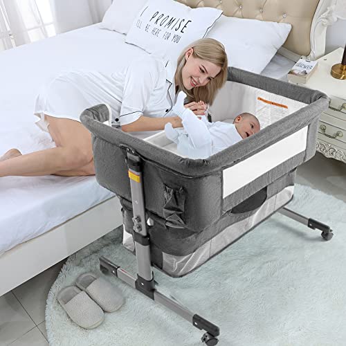 Bedside Sleeper Bedside Crib, Baby Bassinet 3 in 1 Travel Baby Crib Baby Bed with Breathable Net,Adjustable Portable Bed for Infant/Baby(Deep Grey) by nordmiex