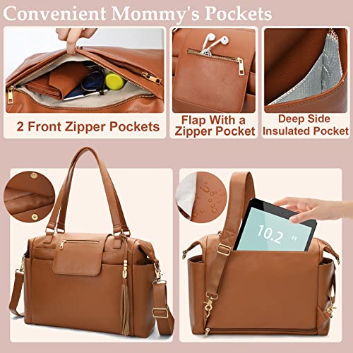 Omanmoli Diaper Bag Tote Leather Diaper Bag Backpack Large Tote Diaper Bag for Baby Girls & Boys 14 Diaper Bag Organizing Pouches,Changing Pad,Crossbody Straps,4 Insulated Pockets,Brown from guangzhoufangxuandianzishangwuyouxiangongsi