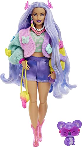 Barbie Doll with Pet Koala, Barbie Extra, Kids Toys, Clothes and Accessories, Wavy Lavender Hair, Colorful Butterfly Sweater, Pink Boots from Mattel
