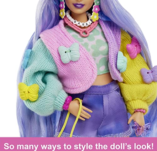 Barbie Doll with Pet Koala, Barbie Extra, Kids Toys, Clothes and Accessories, Wavy Lavender Hair, Colorful Butterfly Sweater, Pink Boots from Mattel