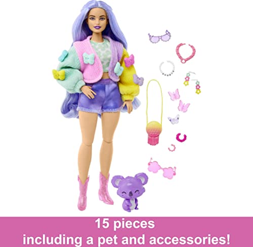 Barbie Doll with Pet Koala, Barbie Extra, Kids Toys, Clothes and Accessories, Wavy Lavender Hair, Colorful Butterfly Sweater, Pink Boots from Mattel