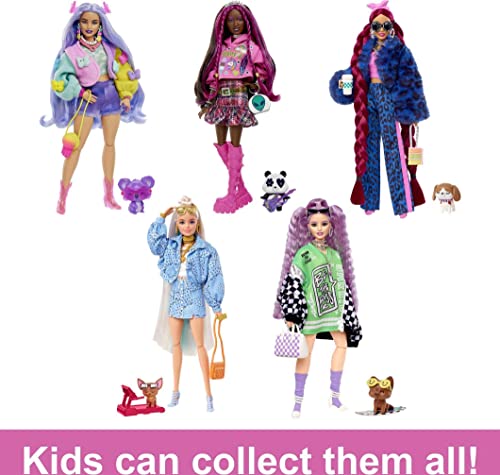 Barbie Doll with Pet Koala, Barbie Extra, Kids Toys, Clothes and Accessories, Wavy Lavender Hair, Colorful Butterfly Sweater, Pink Boots from Mattel