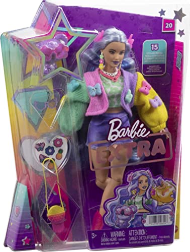 Barbie Doll with Pet Koala, Barbie Extra, Kids Toys, Clothes and Accessories, Wavy Lavender Hair, Colorful Butterfly Sweater, Pink Boots from Mattel