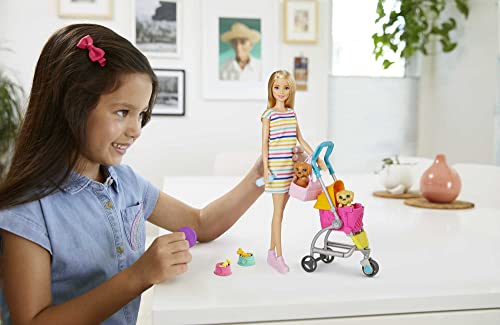 âBarbie Stroll ân Play Pups Playset with Blonde Barbie Doll (11.5-inch), 2 Puppies, Pet Stroller and Accessories, Gift for 3 to 7 Year Olds by Mattel