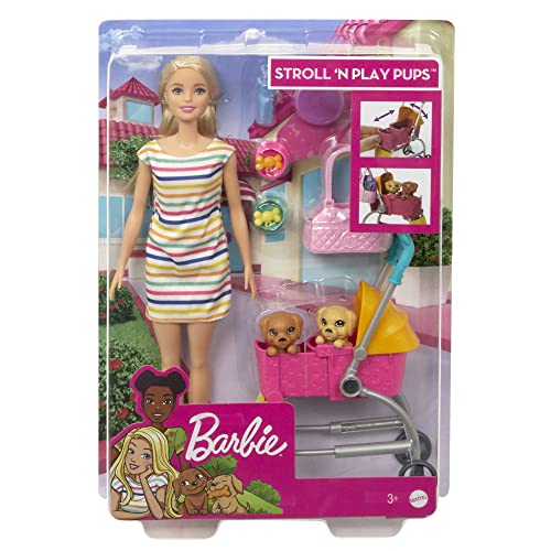 âBarbie Stroll ân Play Pups Playset with Blonde Barbie Doll (11.5-inch), 2 Puppies, Pet Stroller and Accessories, Gift for 3 to 7 Year Olds by Mattel