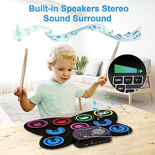Electronic Drum Set, EKEMOND 9 Drum Practice Pad with Headphone Jack, Roll-up Drum Pad Machine Built-in Speaker Drum Pedals Drum Sticks 10 Hours Playtime, Ideal Christmas Holiday Gift for Kids by JiuJiang YuanXun DianZiShangWu YouXianGongSi