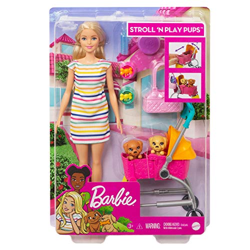 âBarbie Stroll ân Play Pups Playset with Blonde Barbie Doll (11.5-inch), 2 Puppies, Pet Stroller and Accessories, Gift for 3 to 7 Year Olds by Mattel