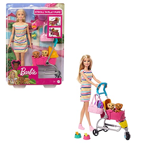 âBarbie Stroll ân Play Pups Playset with Blonde Barbie Doll (11.5-inch), 2 Puppies, Pet Stroller and Accessories, Gift for 3 to 7 Year Olds by Mattel