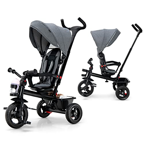 BABY JOY Tricycle, 5 in 1 Toddler Bike W/ Removable Push Handle, Reversible Seat, EVA Wheel, Adjustable Canopy, Cup Holder & Storage, Ideal for Kids 1.5-5 Years Old, Tricycle for Toddler (Grey) by BABY JOY