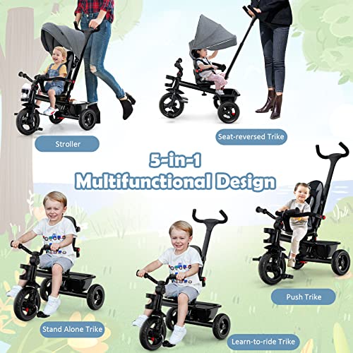 BABY JOY Tricycle, 5 in 1 Toddler Bike W/ Removable Push Handle, Reversible Seat, EVA Wheel, Adjustable Canopy, Cup Holder & Storage, Ideal for Kids 1.5-5 Years Old, Tricycle for Toddler (Grey) by BABY JOY